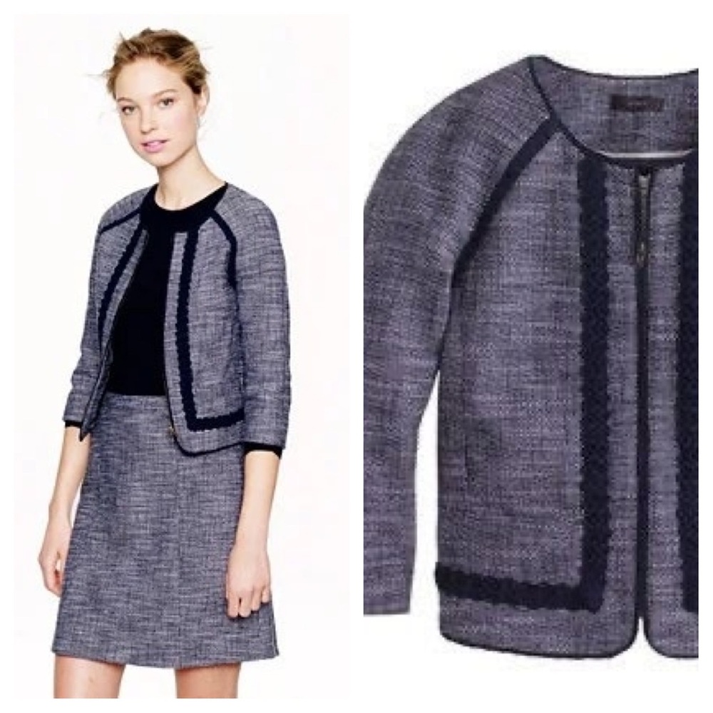J. Crew Navy Tweed Zip-Front Jacket Blazer